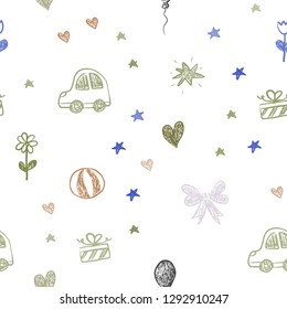 Light Blue, Yellow vector seamless texture with birthday gifts. Shining illustration with a toy car, heart, baloon, tulip, candy, ball. Design for colorful commercials.