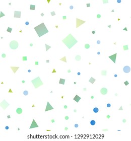 Light Blue, Yellow vector seamless texture in poly style with circles, cubes. Circles, lines, rhombus with colorful gradient. Template for business cards, websites.