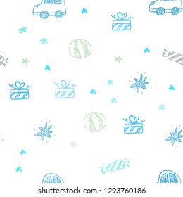 Light Blue, Yellow vector seamless texture in birthday style. Abstract illustration with a toy car, baloon, candy, star, ball. Template for new year postcards.