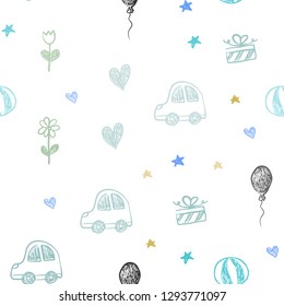 Light Blue, Yellow vector seamless backdrop with holiday gifts. Colorful illustration with a toy car, heart, baloon, tulip, candy, ball. Pattern for new year ads.