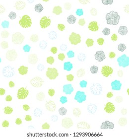 Light Blue, Yellow vector seamless doodle background with leaves, flowers. Shining colored illustration with leaves and flowers. Pattern for design of fabric, wallpapers.