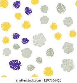 Light Blue, Yellow vector seamless elegant pattern with flowers, leaves. Leaves and flowers with gradient on white background. Texture for window blinds, curtains.