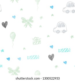 Light Blue, Yellow vector seamless layout with new year gifts. Illustration with a gradient toy car, heart, baloon, tulip, candy, ball. Pattern for new year ads.