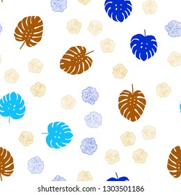 Light Blue, Yellow vector seamless doodle texture with flowers, leaves. Decorative design in Indian style on white background. Texture for window blinds, curtains.