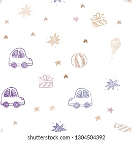 Light Blue, Yellow vector seamless background in xmas style. Design in xmas style with a toy car, baloon, candy, star, ball. Design for colorful commercials.