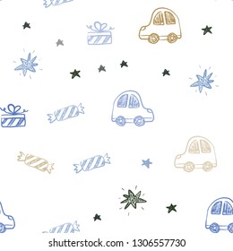 Light Blue, Yellow vector seamless texture in birthday style. Illustration with a colorful toy car, baloon, candy, star, ball. Pattern for birthday gifts.