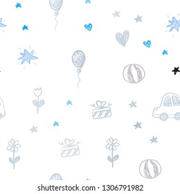 Light Blue, Yellow vector seamless backdrop with holiday gifts. Design in xmas style with a toy car, heart, baloon, tulip, candy, ball. Template for new year postcards.