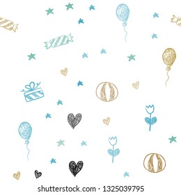 Light Blue, Yellow vector seamless backdrop in holiday style. Design in xmas style with aheart, baloon, candy, gift, star, ribbon. Design for colorful commercials.