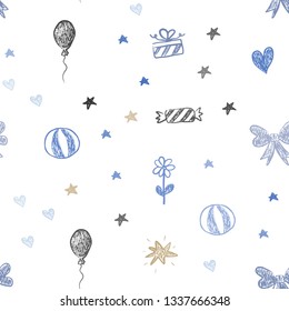 Light Blue, Yellow vector seamless background with xmas attributes. Illustration with a gradient toy car, heart, baloon, tulip, candy, ball. Pattern for new year ads.