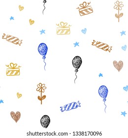 Light Blue, Yellow vector seamless layout in new year style. Colorful illustration with aheart, baloon, candy, gift, star, ribbon. Design for colorful commercials.
