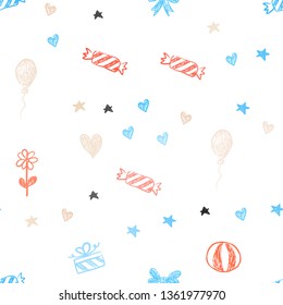 Light Blue, Yellow vector seamless backdrop in holiday style. Abstract illustration with aheart, baloon, candy, gift, star, ribbon. Design for holiday adverts.