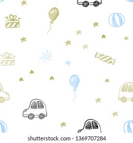 Light Blue, Yellow vector seamless template in carnival style. Illustration with a colorful toy car, baloon, candy, star, ball. Pattern for carnival, festival ads.