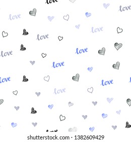 Light Blue, Yellow vector seamless texture with words LOVE YOU, hearts. Illustration with words of love, hearts in abstract style. Design for textile, fabric, wallpapers.