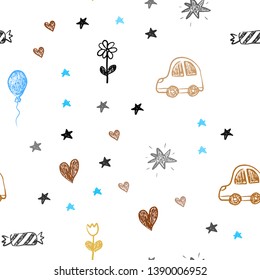 Light Blue, Yellow vector seamless background with xmas attributes. Shining illustration with a toy car, heart, baloon, tulip, candy, ball. Design for holiday adverts.