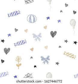 Light Blue, Yellow vector seamless template in carnival style. Illustration with a gradientheart, baloon, candy, gift, star, ribbon. Design for holiday adverts.