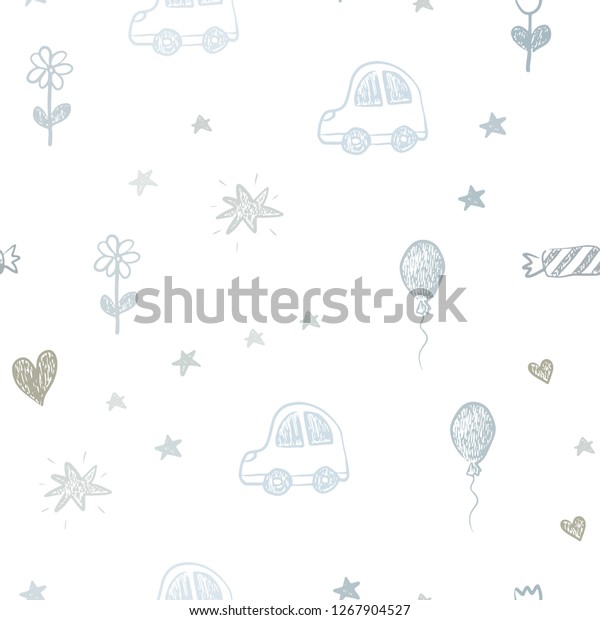 Light Blue, Yellow\
vector seamless pattern with christmas toys. Abstract illustration\
with a toy car, heart, baloon, tulip, candy, ball. Pattern for\
carnival, festival ads.