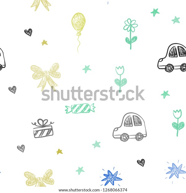 Light Blue, Yellow\
vector seamless texture with birthday gifts. Abstract illustration\
with a toy car, heart, baloon, tulip, candy, ball. Template for new\
year postcards.