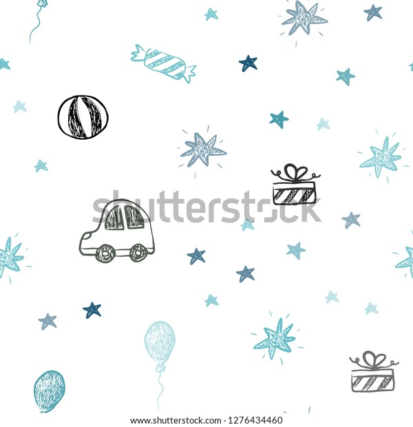 Light Blue, Yellow vector\
seamless layout in new year style. Illustration with a colorful toy\
car, baloon, candy, star, ball. Pattern for carnival, festival\
ads.