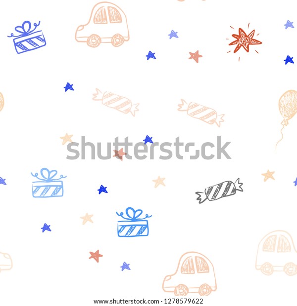 Light Blue, Yellow vector seamless\
background in xmas style. Colorful illustration with a toy car,\
baloon, candy, star, ball. Pattern for birthday\
gifts.