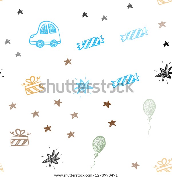 Light Blue, Yellow vector seamless\
layout in new year style. Shining illustration with a toy car,\
baloon, candy, star, ball. Design for colorful\
commercials.