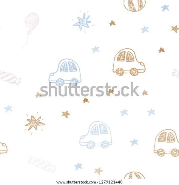 Light Blue, Yellow vector\
seamless texture in birthday style. Illustration with a gradient\
toy car, baloon, candy, star, ball. Pattern for new year\
ads.