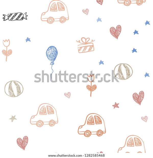 Light Blue, Yellow vector\
seamless pattern with christmas toys. Design in xmas style with a\
toy car, heart, baloon, tulip, candy, ball. Pattern for new year\
ads.