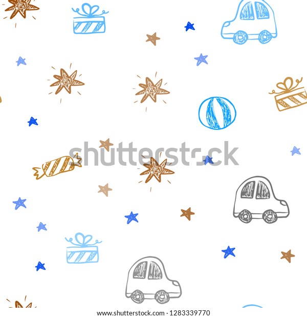 Light Blue, Yellow vector seamless\
layout in new year style. Illustration with a gradient toy car,\
baloon, candy, star, ball. Design for colorful\
commercials.