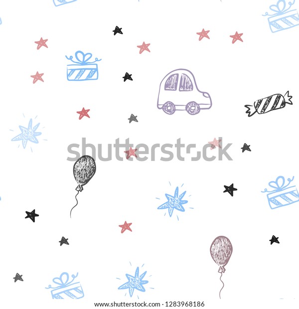 Light Blue, Yellow vector seamless\
layout in new year style. Illustration with a gradient toy car,\
baloon, candy, star, ball. Design for holiday\
adverts.