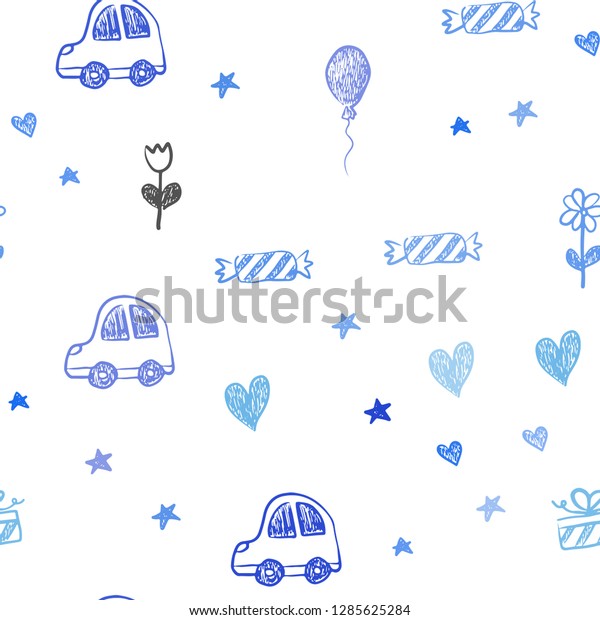 Light Blue, Yellow vector\
seamless backdrop with holiday gifts. Abstract illustration with a\
toy car, heart, baloon, tulip, candy, ball. Pattern for new year\
ads.