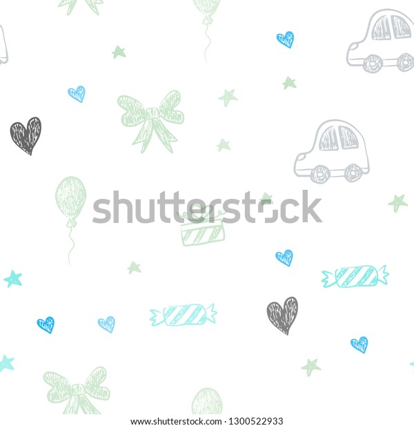 Light Blue, Yellow vector\
seamless layout with new year gifts. Illustration with a gradient\
toy car, heart, baloon, tulip, candy, ball. Pattern for new year\
ads.