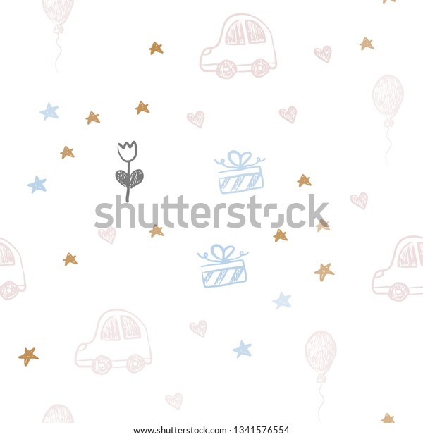 Light Blue, Yellow
vector seamless texture with birthday gifts. Illustration with a
gradient toy car, heart, baloon, tulip, candy, ball. Pattern for
birthday gifts.