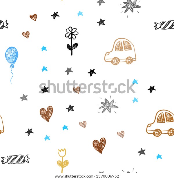 Light Blue, Yellow\
vector seamless background with xmas attributes. Shining\
illustration with a toy car, heart, baloon, tulip, candy, ball.\
Design for holiday\
adverts.