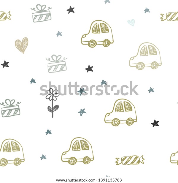 Light Blue, Yellow vector\
seamless texture with birthday gifts. Shining illustration with a\
toy car, heart, baloon, tulip, candy, ball. Pattern for new year\
ads.