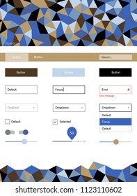 Light Blue, Yellow vector style guide with triangles. Colorful ui/ux kit with header consisted of triangles. Simple colorful design for websites.