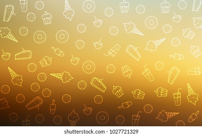 Light Blue, Yellow vector template with sweet snacks. Blurred decorative design of desserts in doodle style. Design for ad, poster, banner of cafes or restaurants.