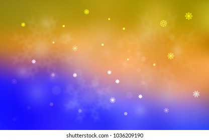 Light Blue, Yellow vector template with ice snowflakes. Blurred decorative design in xmas style with snow. The template can be used as a new year background.