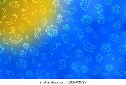 Light Blue, Yellow vector template with organic meal. Fast Food on blurred abstract background with colorful gradient. Pattern for ads of breakfast, lunch, dinner.