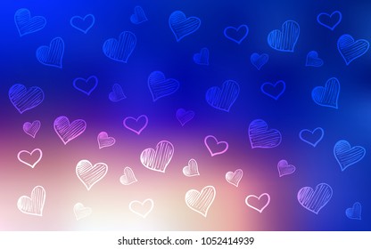 Light Blue, Yellow vector template with doodle hearts. Hearts on blurred abstract background with colorful gradient. Template for Valentine's greeting postcards.