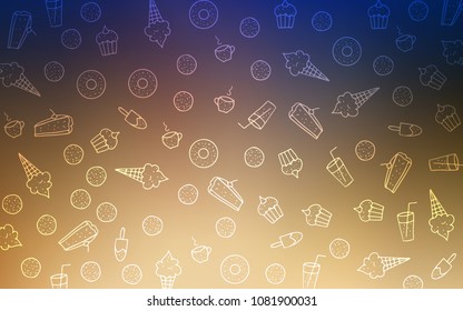 Light Blue, Yellow vector template with sweet snacks. Confections on blurred abstract background with colorful gradient. Pattern for menu of cafes and restaurants.