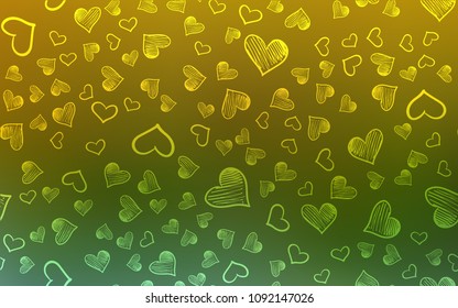 Light Blue, Yellow vector template with doodle hearts. Hearts on blurred abstract background with colorful gradient. Pattern for carnival, festival romantic leaflets.