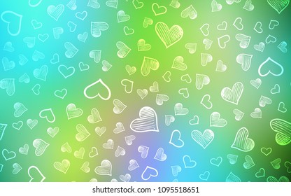 Light Blue, Yellow vector template with doodle hearts. Hearts on blurred abstract background with colorful gradient. Pattern for carnival, festival romantic leaflets.