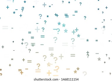 Light Blue, Yellow vector template with math simbols. Colored mathematic signs with gradient on white background. Pattern for posters, banners of math books.