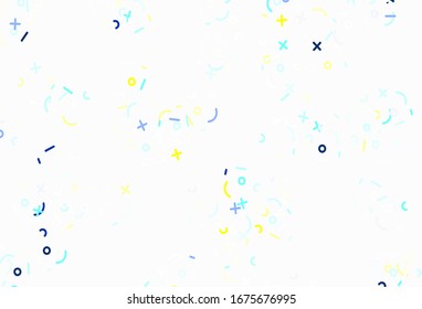 Planta vectorial amarilla y azul claro con símbolos matemáticos. Ilustración abstracta con signos de álgebra de color. Diseño inteligente para publicidad universitaria.