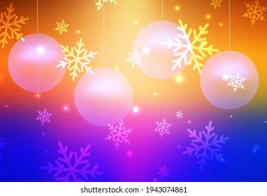 Plantilla vectorial amarillo azul claro en estilo carnaval. Diseño en estilo navideño con bolas de Navidad, copos de nieve. Mejor diseño para un afiche de la universidad, pancarta.