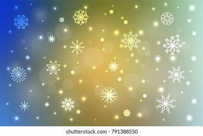 Light Blue, Yellow vector template with ice snowflakes. Blurred decorative design in xmas style with snow. The template can be used as a new year background.