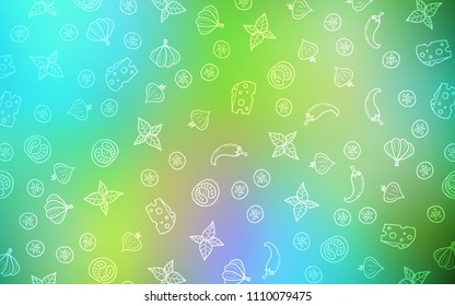 Light Blue, Yellow vector texture with delicious snacks. Fast Food on blurred abstract background with colorful gradient. Doodle design for your business advert of cafes.