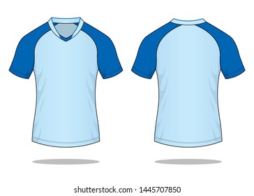 Light Blue-Blue Raglan Soccer Jersey Shirt Design On White Background.Front And Back View, Vector File.