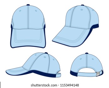 Light Blue-Navy Baseball Cap Design on White Background. Front and Back Views, Vector File.