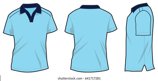 Light Blue-Navy Short Sleeve V-Neck Shirt Design On White Background.
Front, Back and Side View, Vector File