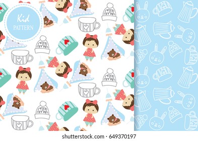 Light blue,white seamless pattern with bear,girl and cup